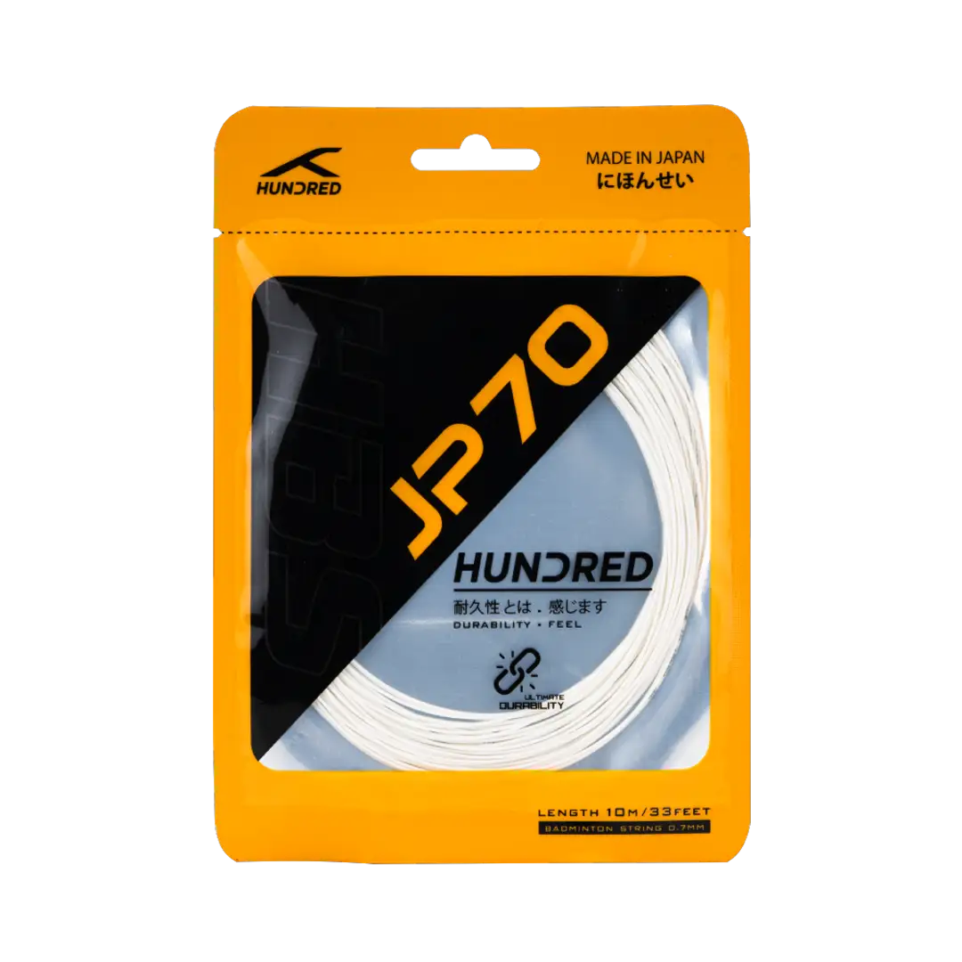 Hundred-JP 70 badminton string fitted on a racket, showcasing high tension and durable quality.