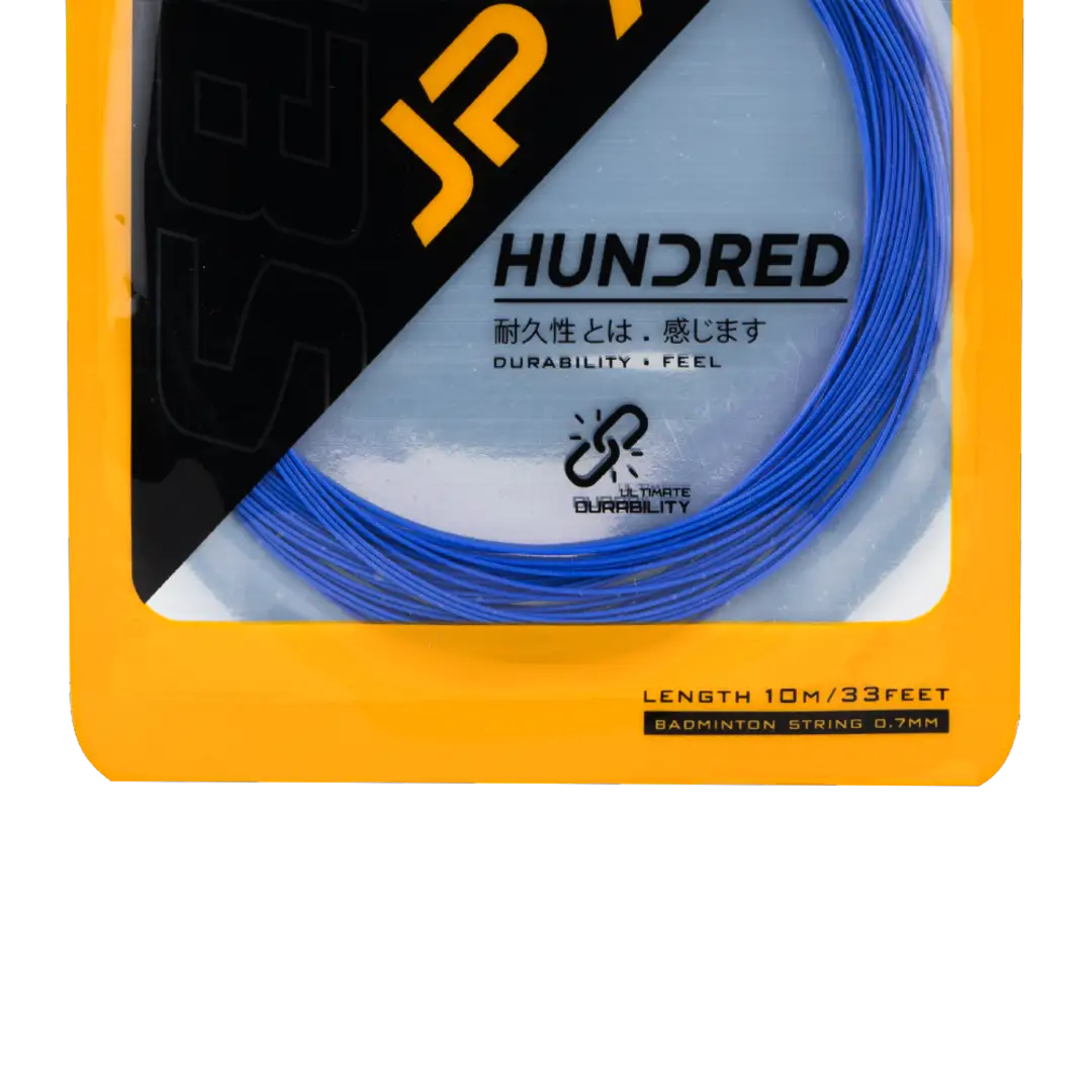 Hundred-JP 70 badminton string fitted on a racket, showcasing high tension and durable quality.