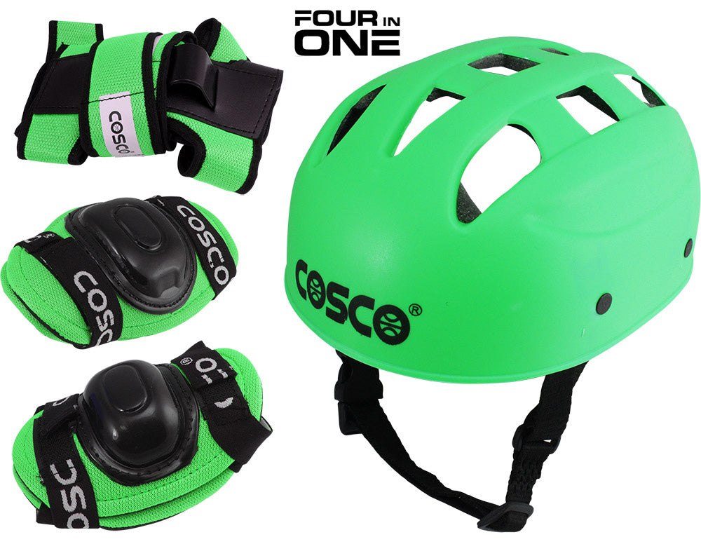 Cosco 4 in 1 Protection Set including knee pads, elbow pads, and wrist guards arranged neatly on a surface, showcasing their robust design.