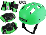 Cosco 4 in 1 Protection Set including knee pads, elbow pads, and wrist guards arranged neatly on a surface, showcasing their robust design.