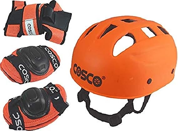 Cosco 4 in 1 Protection Set including knee pads, elbow pads, and wrist guards arranged neatly on a surface, showcasing their robust design.