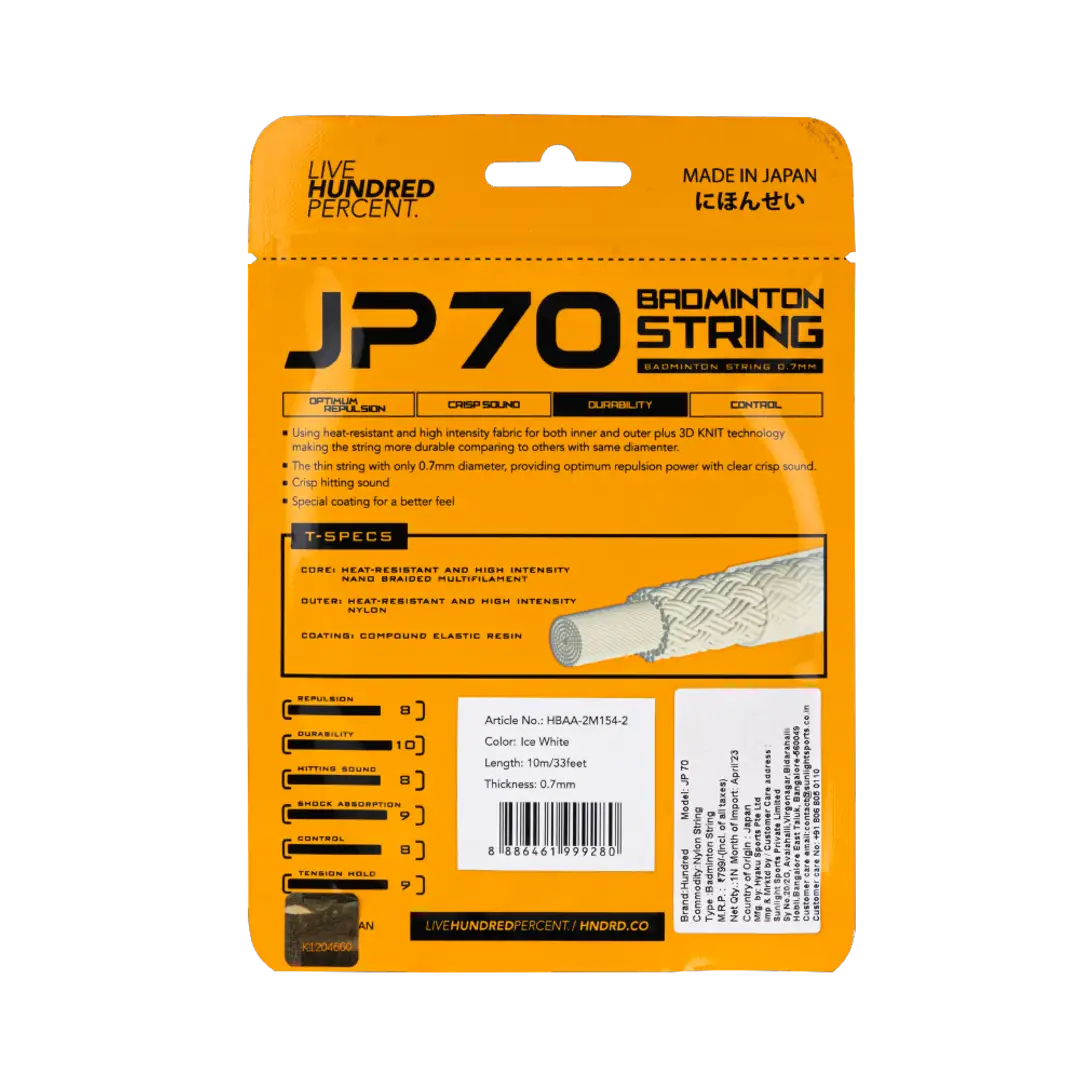 Hundred-JP 70 badminton string fitted on a racket, showcasing high tension and durable quality.
