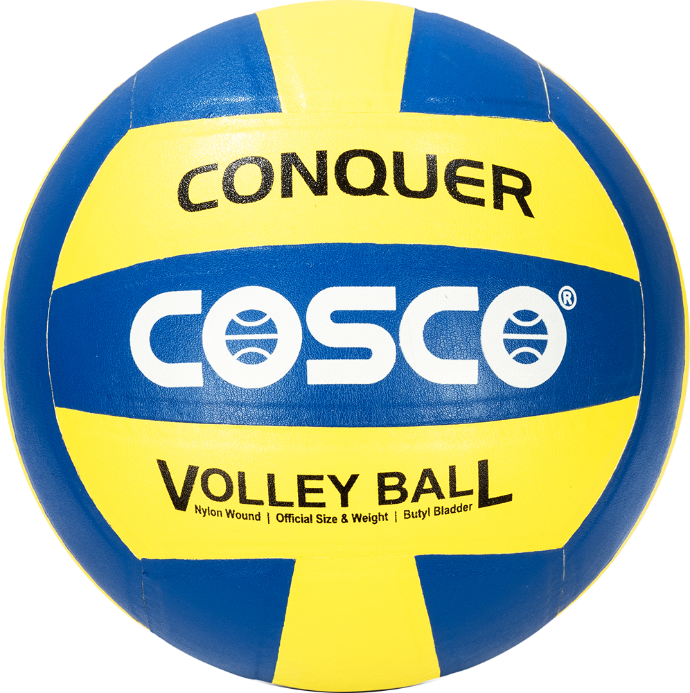 COSCO Volleyball Conquer game ball on a volleyball court, highlighting its vibrant color and high-quality construction.