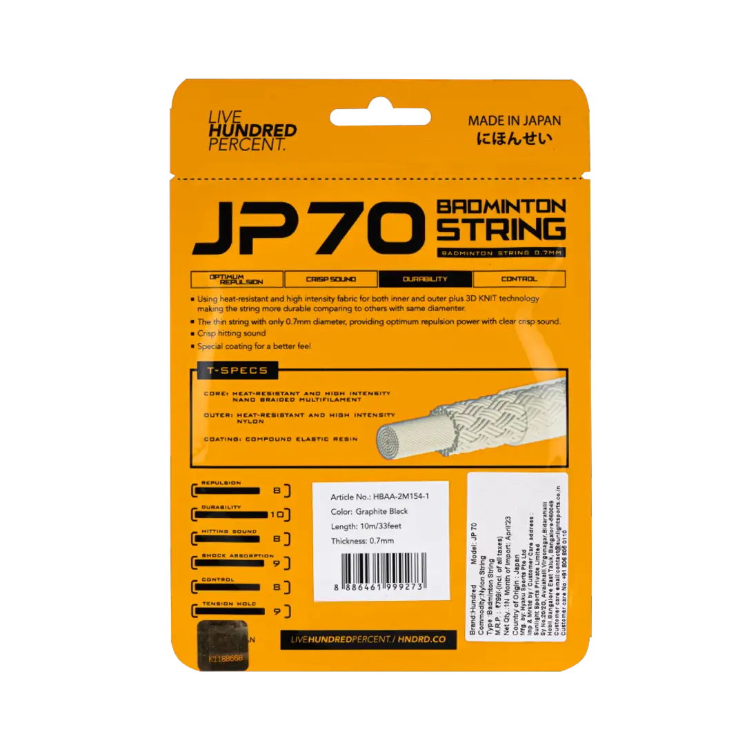 Hundred-JP 70 badminton string fitted on a racket, showcasing high tension and durable quality.