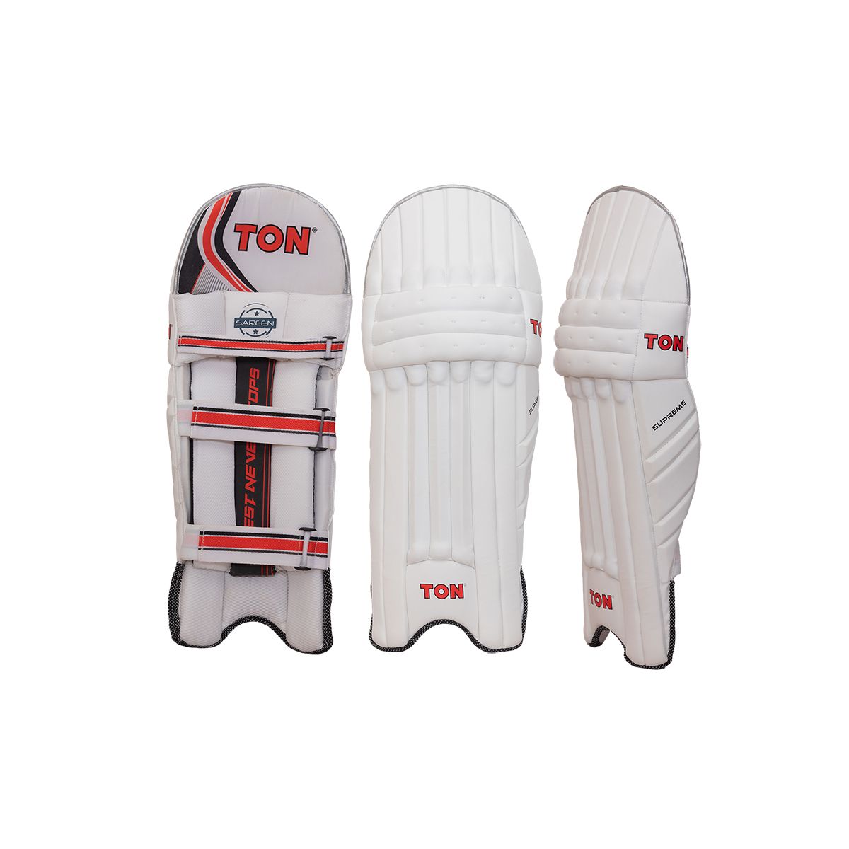 Ton Supreme cricket leg guards featuring premium padding and reinforced knee protection, displayed on a grassy cricket pitch.