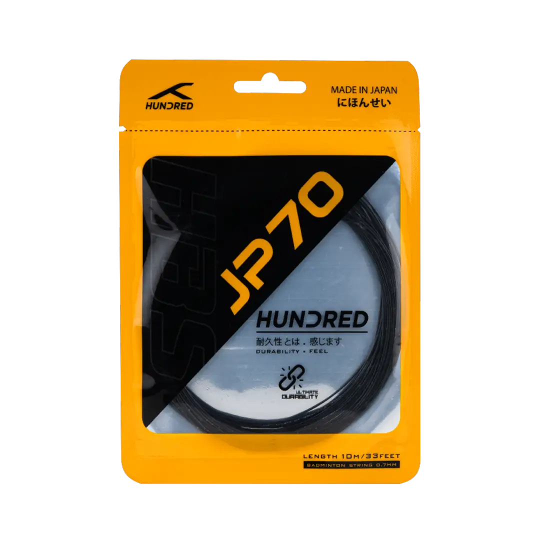 Hundred-JP 70 badminton string fitted on a racket, showcasing high tension and durable quality.