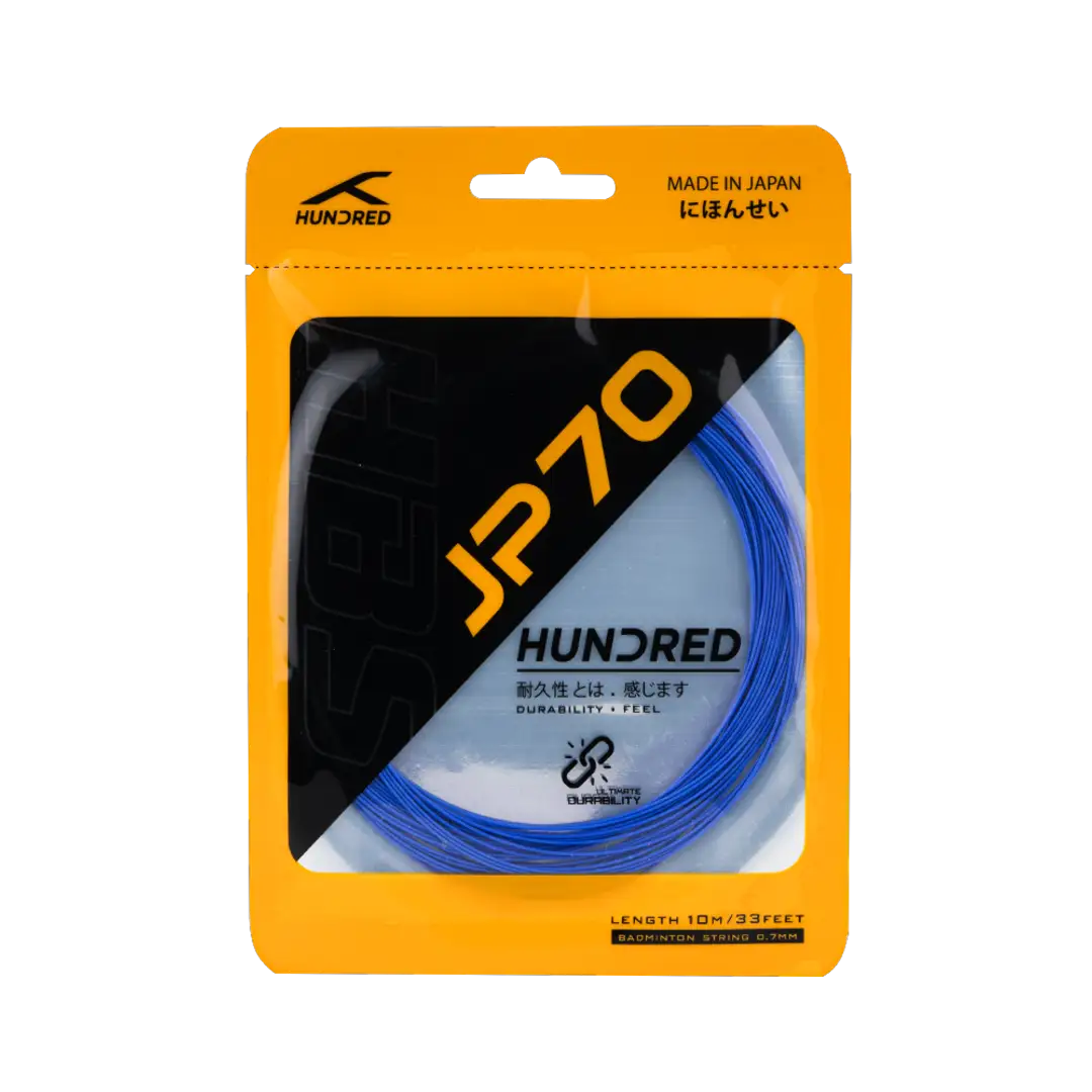 Hundred-JP 70 badminton string fitted on a racket, showcasing high tension and durable quality.