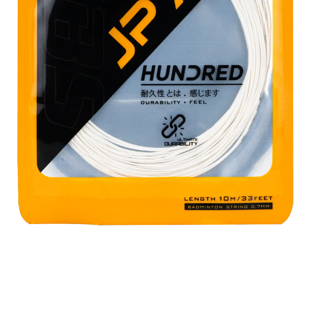 Hundred-JP 70 badminton string fitted on a racket, showcasing high tension and durable quality.