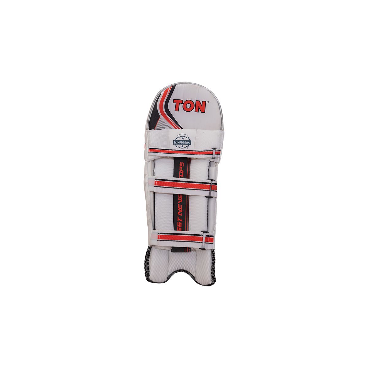 Ton Supreme cricket leg guards featuring premium padding and reinforced knee protection, displayed on a grassy cricket pitch.