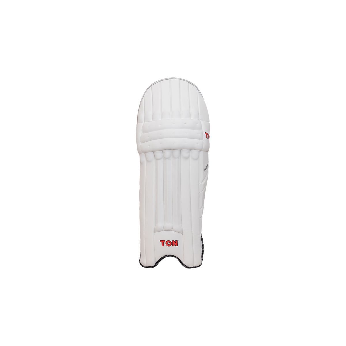 Ton Supreme cricket leg guards featuring premium padding and reinforced knee protection, displayed on a grassy cricket pitch.