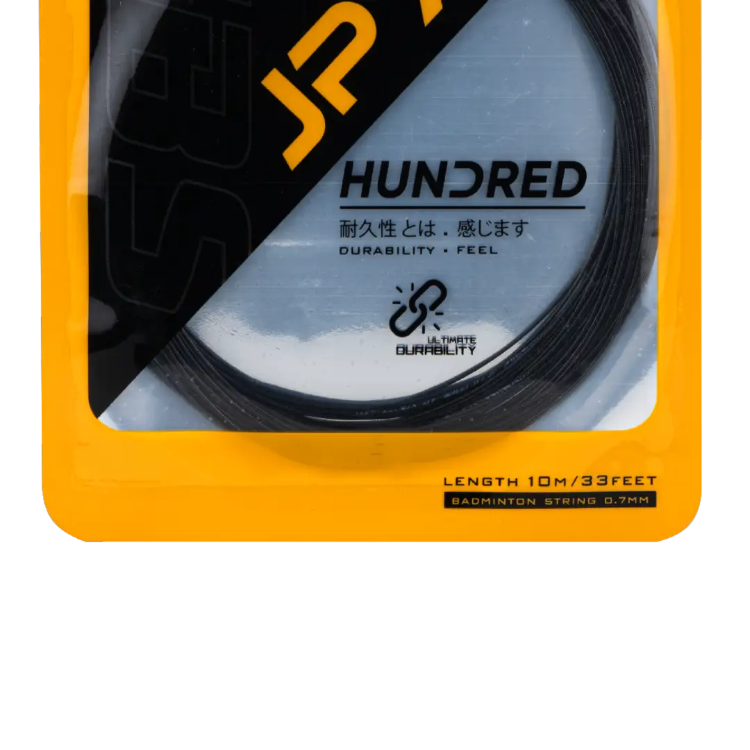 Hundred-JP 70 badminton string fitted on a racket, showcasing high tension and durable quality.