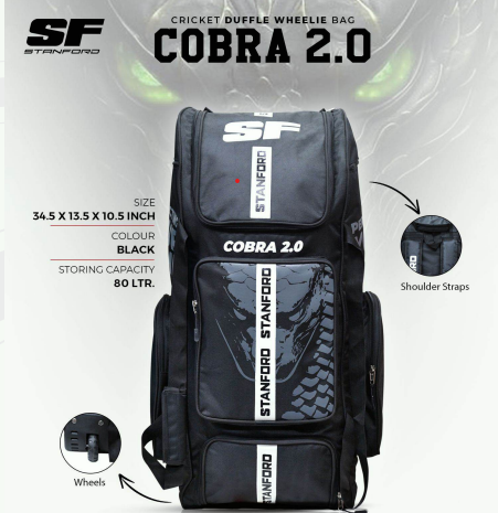 SF Cobra Kit Bag with Wheel – Durable and spacious cricket bag in black and red design with strong handles and smooth-rolling wheels.
