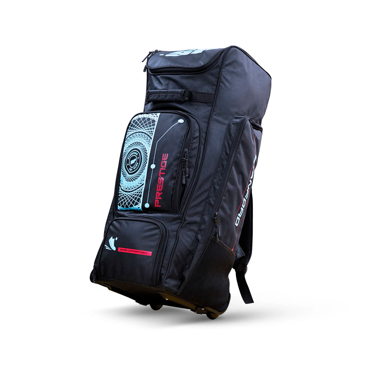 SF Prestige cricket kit bag with durable wheels and spacious compartments for easy transport and storage of cricket gear.