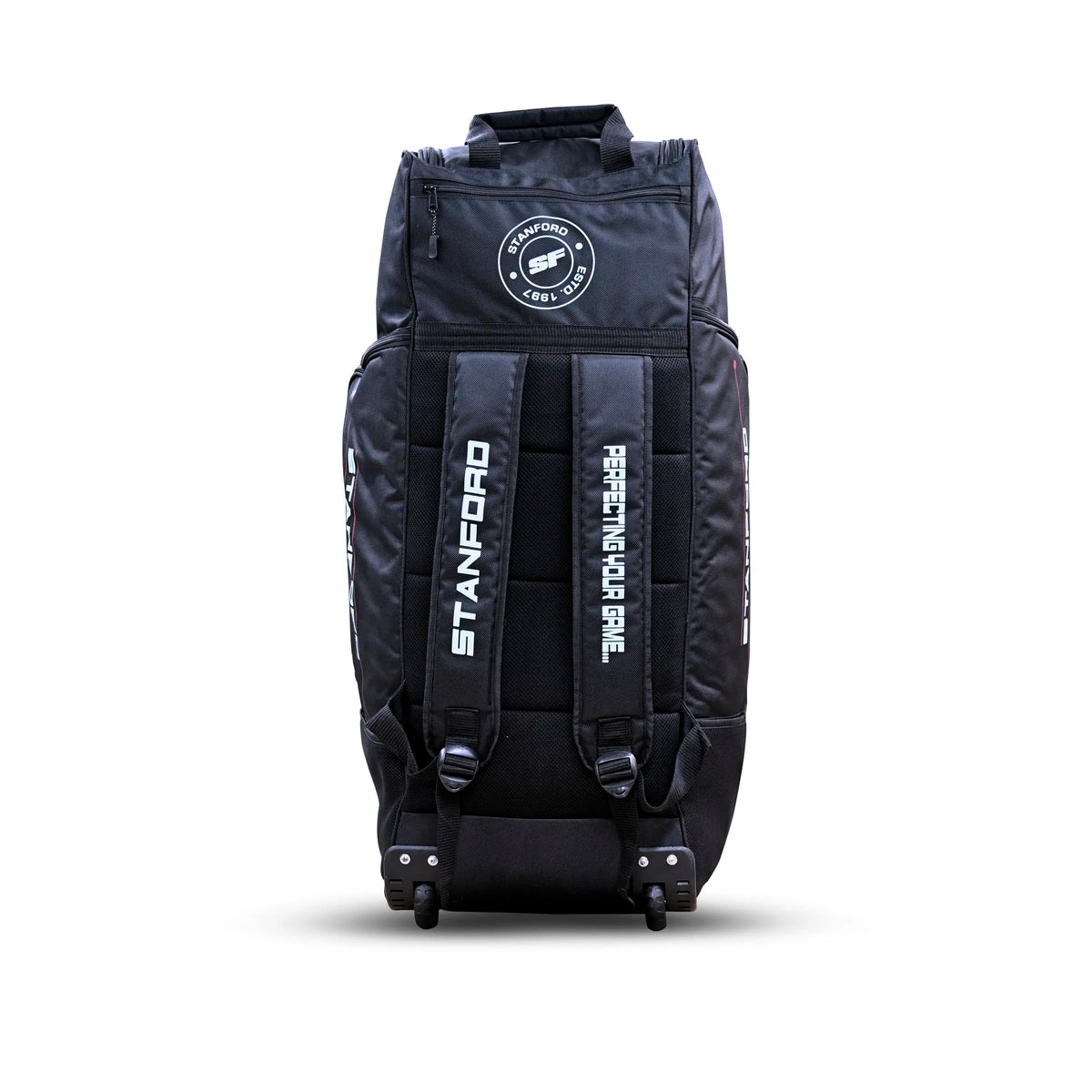 SF Prestige cricket kit bag with durable wheels and spacious compartments for easy transport and storage of cricket gear.