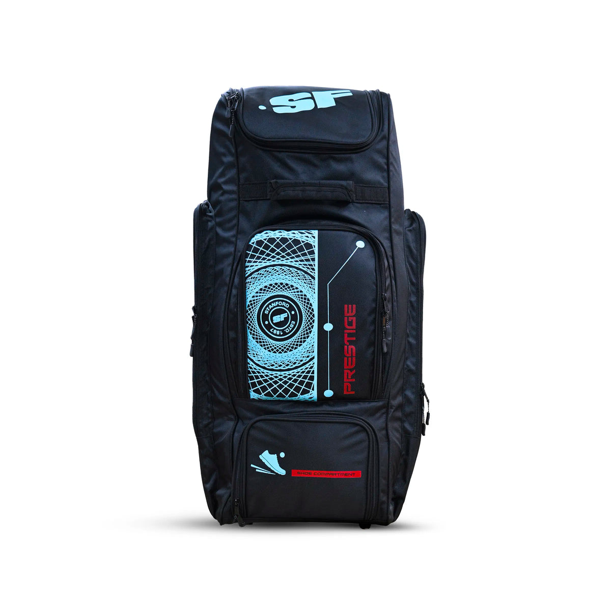 SF Prestige cricket kit bag with durable wheels and spacious compartments for easy transport and storage of cricket gear.