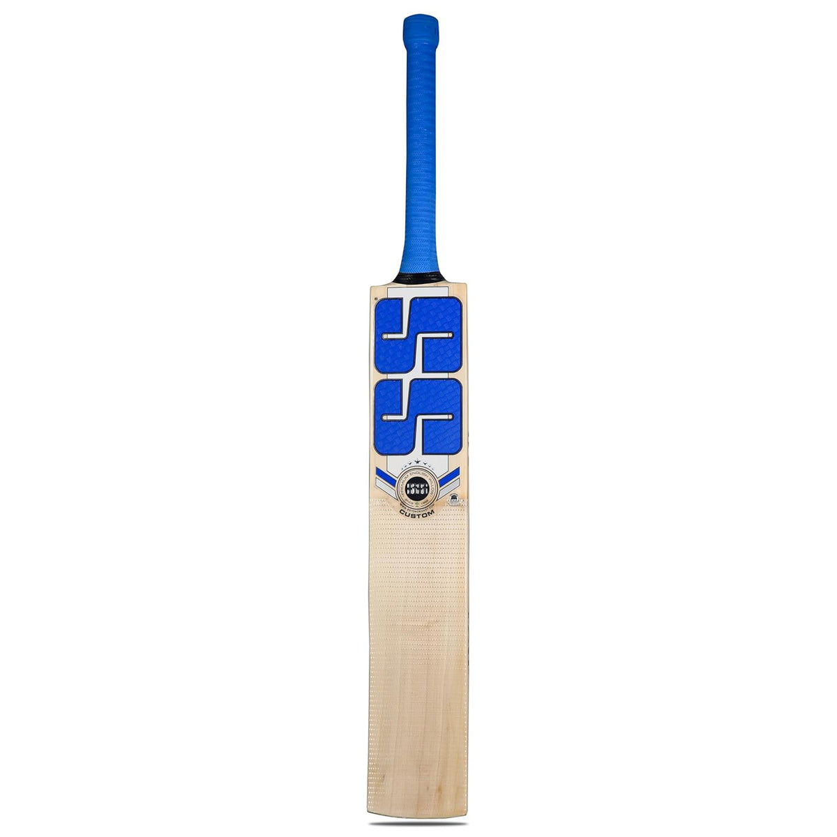 SS Custom English Willow cricket bat displayed on a cricket field, showcasing its fine grain structure and ergonomic handle.