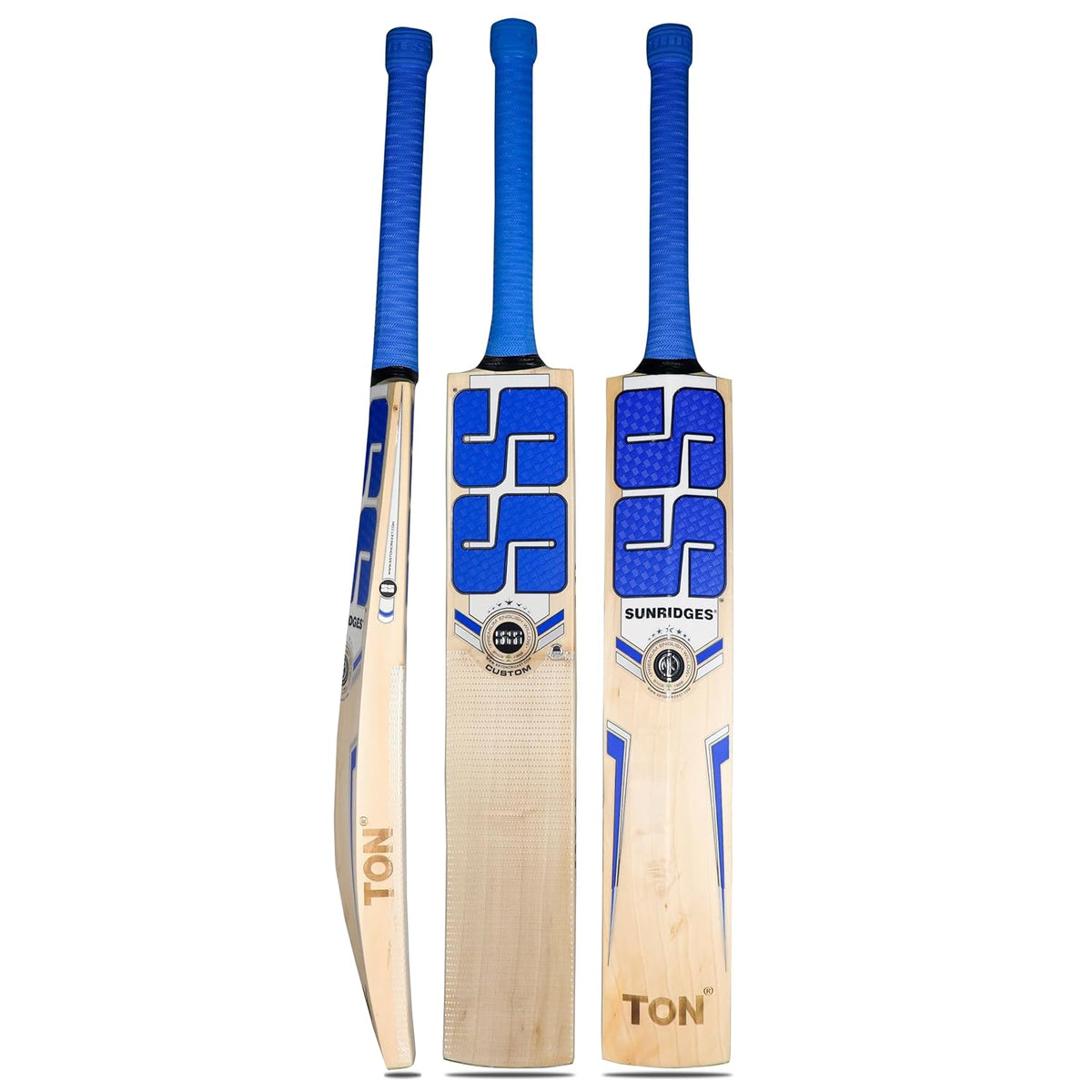 SS Custom English Willow cricket bat displayed on a cricket field, showcasing its fine grain structure and ergonomic handle.