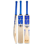 SS Custom English Willow cricket bat displayed on a cricket field, showcasing its fine grain structure and ergonomic handle.