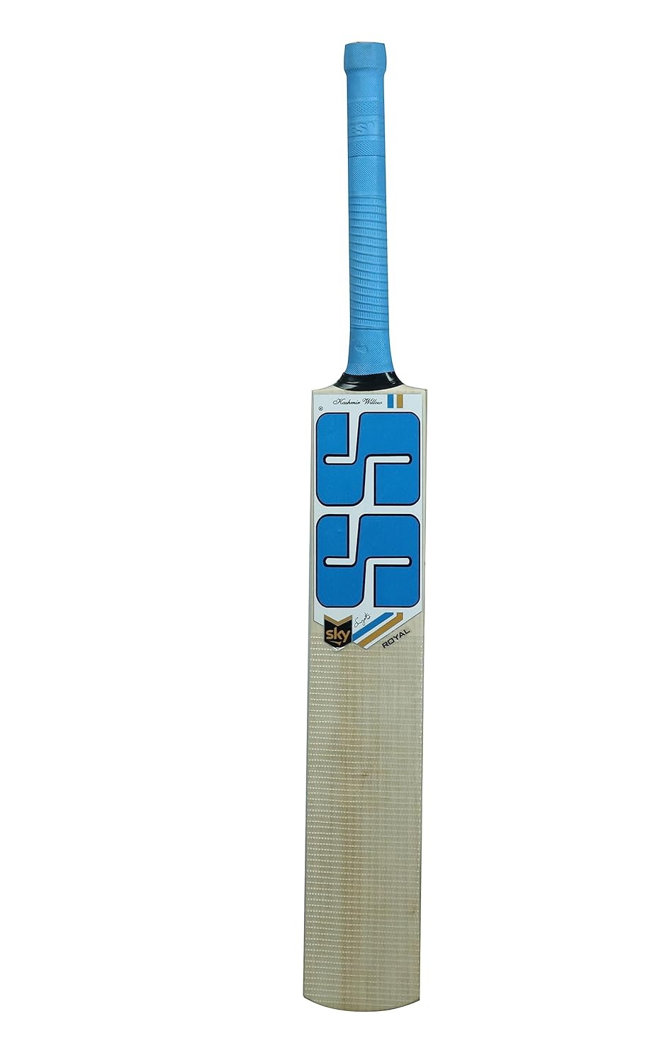 SS Sky Royal Kashmir Willow cricket bat lying on the ground, featuring a clean blade and bold graphics.