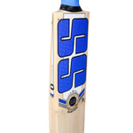 SS Custom English Willow cricket bat displayed on a cricket field, showcasing its fine grain structure and ergonomic handle.