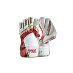 Close-up of TON Pro 3.0 Gloves, designed for wicketkeeping, featuring enhanced grip and protective padding.