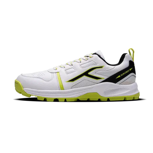 Close-up of Hundred Hyperturf cricket shoes featuring durable sole grip and sleek athletic design.