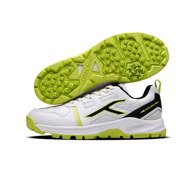 Close-up of Hundred Hyperturf cricket shoes featuring durable sole grip and sleek athletic design.