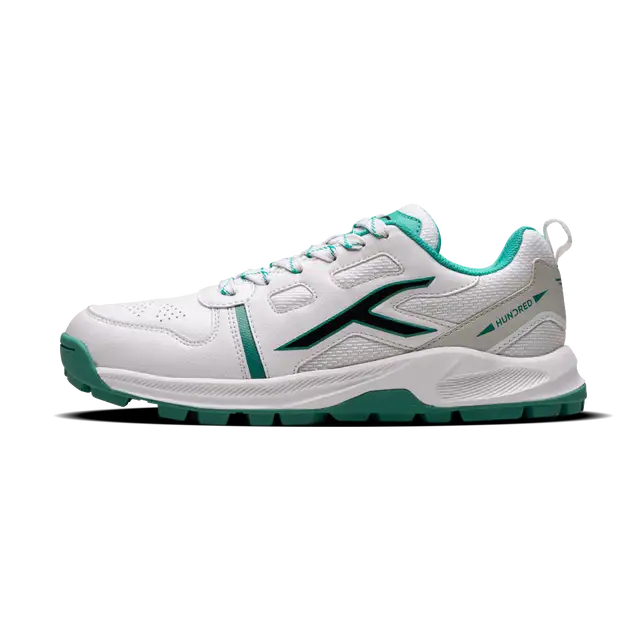 Close-up of Hundred Hyperturf cricket shoes featuring durable sole grip and sleek athletic design.