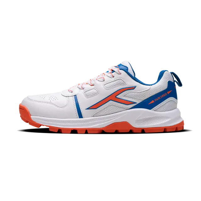 Close-up of Hundred Hyperturf cricket shoes featuring durable sole grip and sleek athletic design.