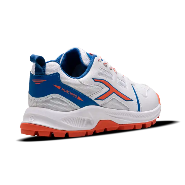 Close-up of Hundred Hyperturf cricket shoes featuring durable sole grip and sleek athletic design.