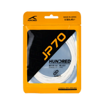 Hundred-JP 70 badminton string fitted on a racket, showcasing high tension and durable quality.