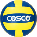 COSCO Volleyball Conquer game ball on a volleyball court, highlighting its vibrant color and high-quality construction.