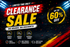 Promotional sale banner for a shoe clearance event, featuring large text reading 'CLEARANCE SALE' and 'UP TO 60% OFF' on a dark background with sports-themed graphics and icons for sports shoes, cricket shoes, football shoes, authentic guarantee, best prices, and fast & safe delivery.