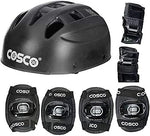 Cosco 4 in 1 Protection Set including knee pads, elbow pads, and wrist guards arranged neatly on a surface, showcasing their robust design.