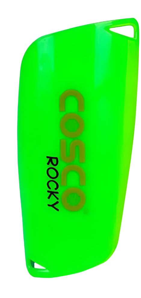 Close-up view of Cosco Shin Guard Rocky showcasing its durable outer shell and secure Velcro straps for optimal protection during soccer or football matches.