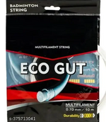 lose-up of Eco Gut Badminton String being installed on a racket, highlighting its eco-friendly design and premium durability.