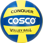 COSCO Volleyball Conquer game ball on a volleyball court, highlighting its vibrant color and high-quality construction.