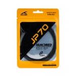 Hundred-JP 70 badminton string fitted on a racket, showcasing high tension and durable quality.