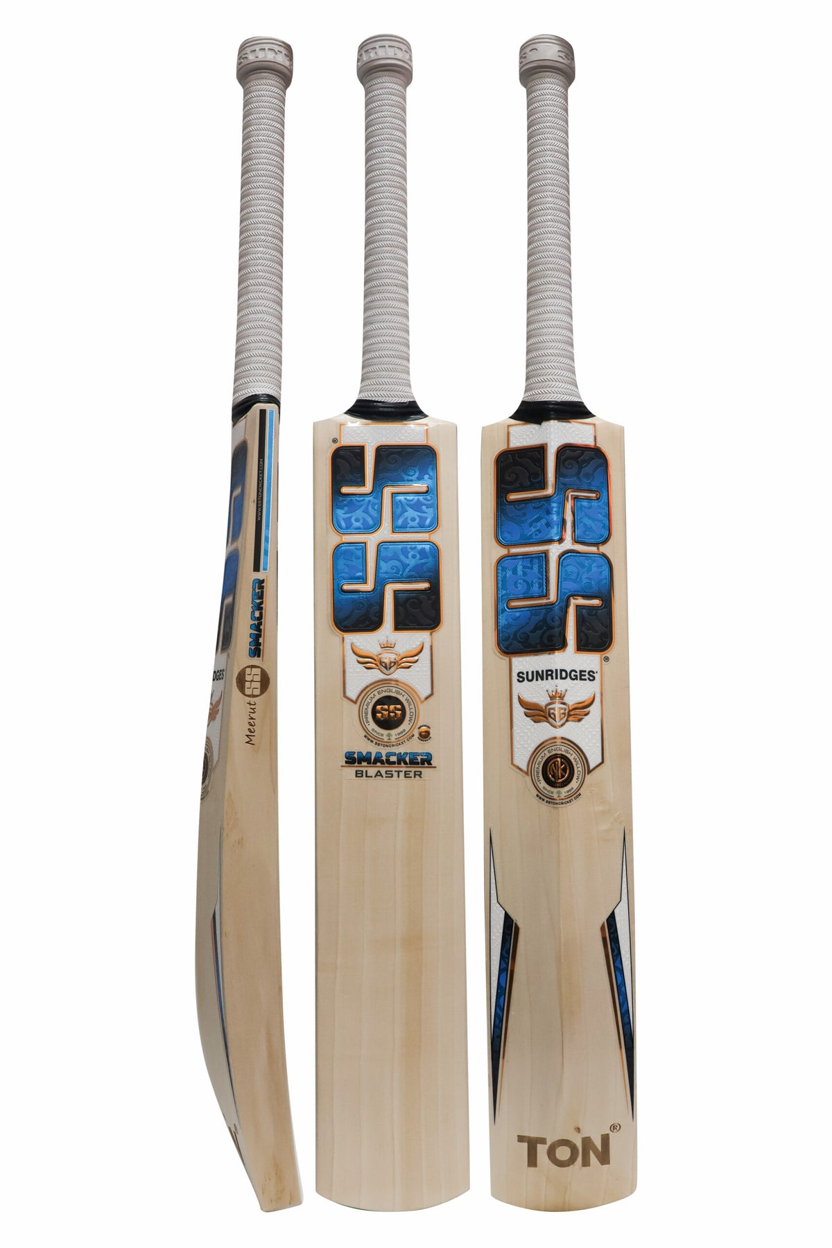 SS GG Smacker SH Cricket Bat made from high-grade willow, showcasing its extended handle and thick blade profile.