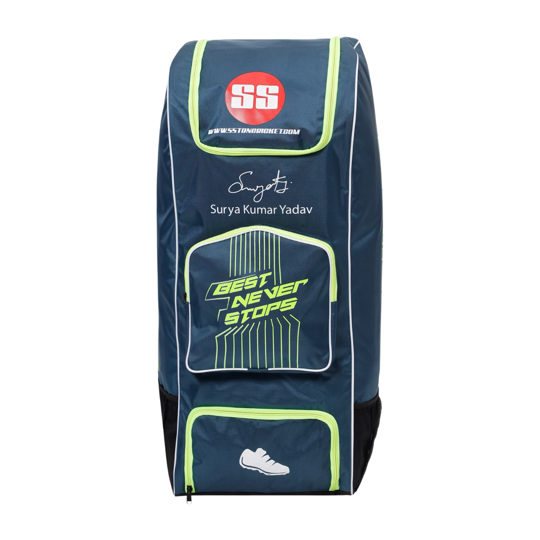 SS Kit Bag with Wheels – Large Duffle Cricket Bag in black and blue color with spacious compartments and durable zippers.
