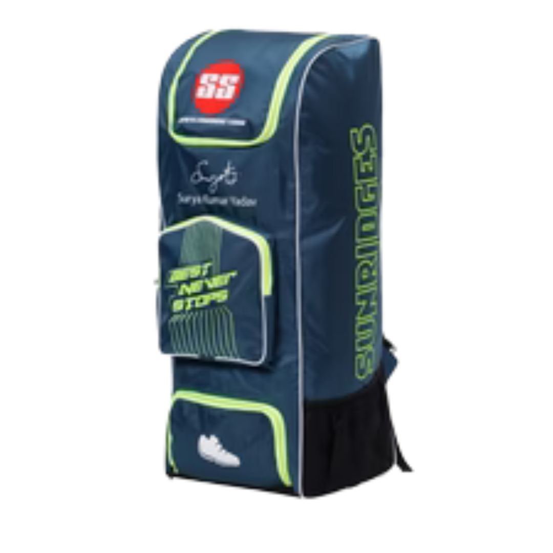 SS Kit Bag with Wheels – Large Duffle Cricket Bag in black and blue color with spacious compartments and durable zippers.