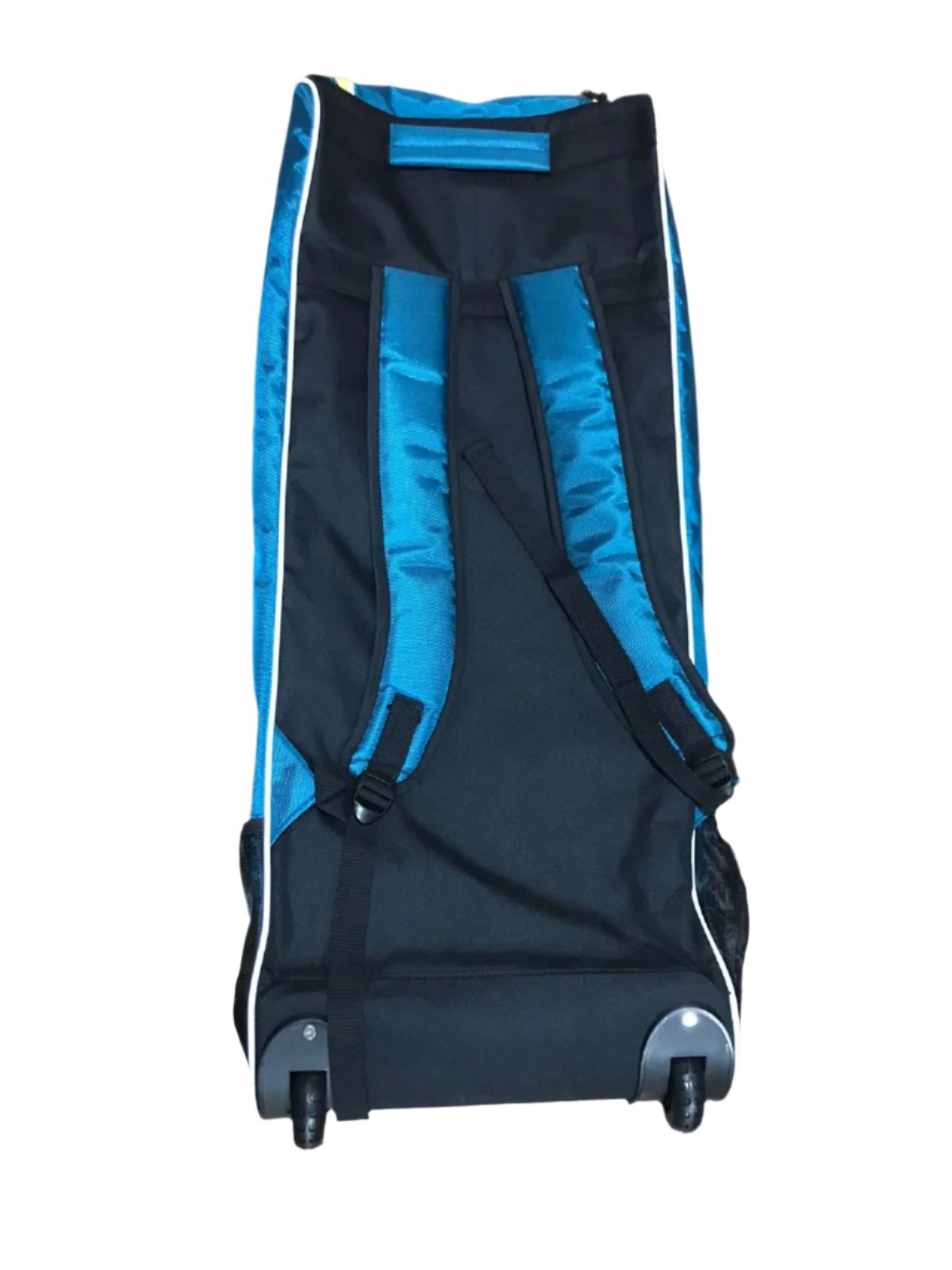 SS Kit Bag with Wheels – Large Duffle Cricket Bag in black and blue color with spacious compartments and durable zippers.