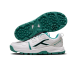 Close-up of Hundred Hyperturf cricket shoes featuring durable sole grip and sleek athletic design.